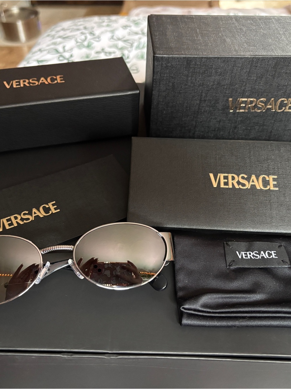 Versace Black Oval Gianni Medusa-Accent Sunglasses